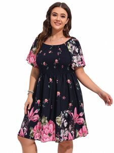 Finjani Allover Floral Print Shirred Midi Dr Plus Size Lantern Sleeve High Weist Dres for Women 2023 Summer S2QT#