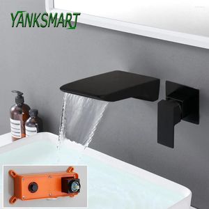 Bathroom Sink Faucets YANKSMART Matte Black Faucet Basin Bathtub Soild Brass Waterfall Wall Mounted Washbasin Mixer Water Tap