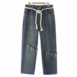 Plus Size Jeans Mulheres 2023 Primavera Make Old Denim Calças Retas Cinto BF Back Pocket Patch Calças Curva Roupas m9vR #