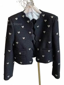 autumn Winter Fi Heart Buckle Black Wool Tweed Short Jacket Coat Women Vintage Lg Sleeve V Neck Wave Cardigan Outwear Top B671#