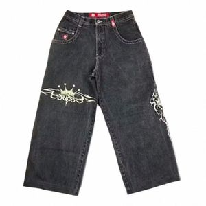 Streetwear JNCO Jeans Y2K Harajuku Hip Hop Retro grafica ricamata Jeans larghi Pantaloni neri Mens Punk Rock Gothic Pantaloni larghi C5ao #