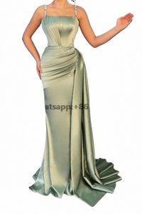 ruched Pleats Evening Dres Light Green Mermaid 2023 Fi Beaded Rhineste Stretchy Satin Prom Gowns Elegant Custom made w8Xq#