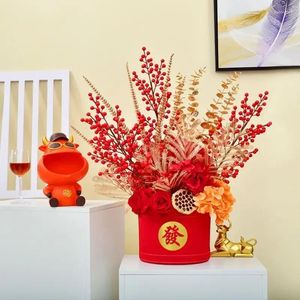 Vases Fake Flower Red Fortune Fruit Cloth Bucket Vase Set Home Store Furnishing Crafts Wedding Opening Year Ornaments Decoration