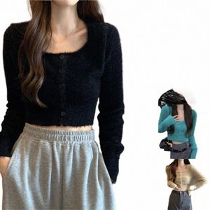 women Knit Sweater Crop Top Lg Sleeve Square Neck Butt Down Furry Cardigan F83t#