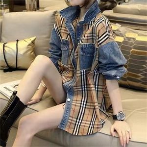 Autumn womens shirts designer blouse fashion plaid Splicing denim jacket long-sleeved shirts cardigan coat plus size