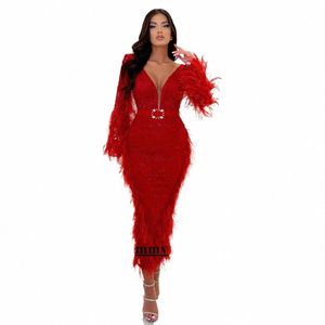 Yipeisha Lace Mermaid Party Dres for Pageant v Neck Lg Sleeves Sequins Speecin Applique Feather