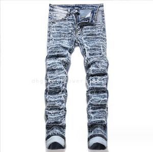 Men's Jeans New 2024 Spring Street Trendy Hole Cut Abrasive White Small Straight Stretch Mid-Rise Jeans Men's Jeans Trendy