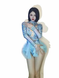 Tänzerin Kostüm Frauen Bodysuits Stretch Spandex Bodyc Eine Größe Lg Ärmel Blau Mesh Rüschen Kristall Trikot Bühne Tragen Party Y5bX #