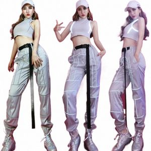 大人のヒップホップパフォーマンスダンスコスチュームベストリフレクティブパンツ女性ストリートダンス服ナイトクラブジャズステージ衣装SL2400 L30R＃