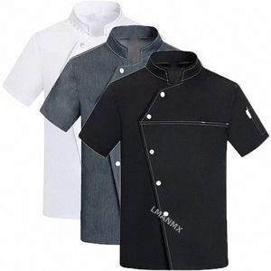 unisex Chef Jacket Short Sleeve Kitchen Cook Coat Chinese Restaurant Waiter Uniform Top B6Q1#
