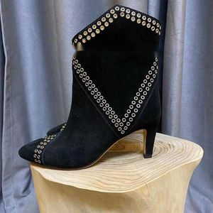 Women Autumn Winter Fashion Mid Grube Obcash Kowboj Buty Luksusowy projektant oryginalny skórzane nity punkowe poślizg na butach