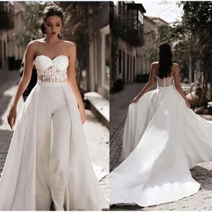 Detachable Sheath Wedding Dresses Jumpsuits Strapless Lace See Though Top Open Back Court Train Bridal Dress Beach Gowns Reception C G