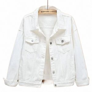 white Denim Jacket Women Korean Fi Loose Short Jean Coat Spring Autumn Lg Sleeve Single Breasted Wild Cowboy Jackets X1TC#