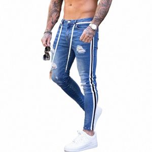 moda uomo skinny jeans biker distrutto sfilacciato fit denim strappato pantaloni di jeans banda laterale pantaloni a matita hip hop streetwear V1IW #