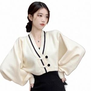 Camisola feminina Coreano Versi V Neck Ctrast Cores Soltas Doce Suave Estilo Chinês Camisola Curta Cardigan 62G1 #