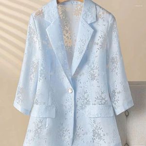 Women's Suits Women Blazer Jacket Spring Summer2024 Thin Cardigan Sun Protection Clothing Hollow Lace Three-quarter Sleeve Suit Tops Ladies