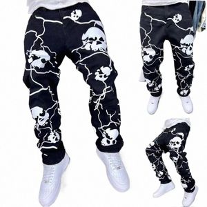 hip Hop Street Wed Jeans Man Skull Printing Casual Straight Pants Baggy Spring Male Y2K Gothic Punk Oversized Denim Trousers R4Co#