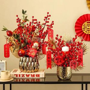 Vase Red Fortune Fruit Simulation Flowers Ceramic Vase Set Year Wedding Ornamentsホームリビングルームポーチデスクトップ装飾工芸品