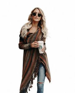 Frauen Lg Ärmel Lose Schal Kragen Gestreifte Quasten Pullover Strickjacke England Stil Schal Mantel Fi Streetwear Pcho Pullover t1ZB #