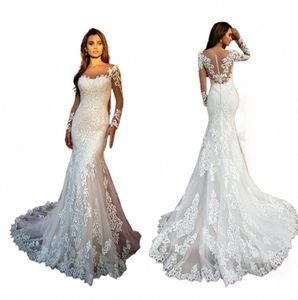 lusso sirena da sposa Dr 2024 donne Lg manica in pizzo bianco Illusi indietro smerlato abito da sposa Sweep Train Abiti da sposa N3vn #