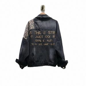 donna Jean Cappotto Capispalla Piccolo Leopardo Giacca di jeans nera per le donne con stampa grafica Biker Short Crop 2023 Nuovi arrivi di tendenza W4iB #