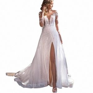 Elegante abito da sposa di lusso Dr donne 2024 pizzo Illusi indietro manica Lg Sweetheart abito da sposa treno staccabile Abiti da Noiva C1uK #