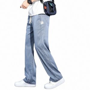 2024 Summer Ny Soft Lyocell Fabric Men's Jeans tunna löst raka byxor dragsko elastisk midja Korea casual byxor j3rl#