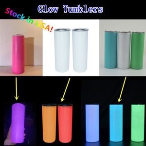 USA Stocks Glow Tumblers Sublimation 20oz Straight Skinny Tumbler With Straw Lid rostfritt stål Dubbelvägg Diy Blanks Slim Water180V