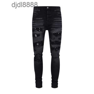 Herr designer byxor dimma amira trendiga varumärke svart tjur tvättade slitna paljetter broderade smala passform jeans mens high street instagram