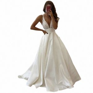 sexy profondo scollo a V da sposa Dr 2022 Boho Vestido De Noiva raso bianco A Line abiti da sposa semplici appliques posteriore L con tasca 39v0 #