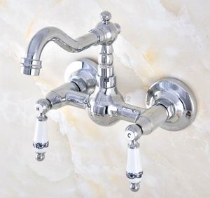 Bathroom Sink Faucets Polished Chrome Brass Wall Mounted Kitchen Basin Swivel Faucet Mixer Tap Double Ceramic Handle Tnf571