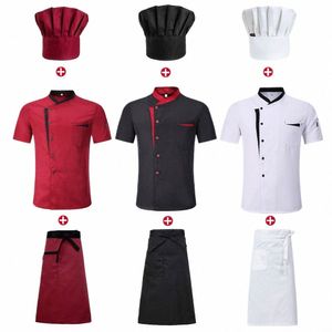 Kort ärm Chef Jacket Set Hotel Kitchen Work Uniform Cook Restaurang Cooking Shirts+Hat+Apr I3MT#