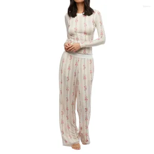Women's Two Piece Pants Casual Loungewear Set Polka Dot/Floral Print Long Sleeve T-shirt Crop Tops Wide Leg Women Comfy Pajamas 2Pcs Outfits
