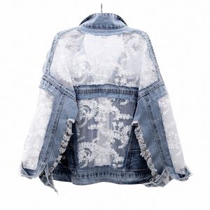 chaquetas Mujer Summer Spring Streetwear Embroidery Lace Patchwork Sexy Denim Jacket Women Frayed Tassel Loose Jeans Coat Q0zL#