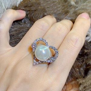 Cluster Rings Women's Heart Luxury White 8MM Round Pearl Ring Lady Wedding Engagement 925 Silver Jewelry Gift