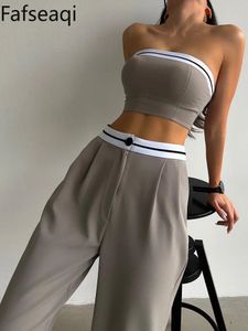 Sexy Damen-Trainingsanzug mit Boob Tube Top, U-Ausschnitt, Kontrastfarbe, weites Bein, Hose, Sportanzug für Frauen, zweiteiliges Set, Outfit 240326