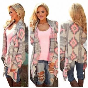 women New Fi Aztec Printed Lg Sleeved Casual All-match Cardigans r6V7#