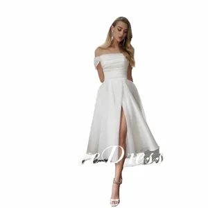 lovedr Sexy Off the Shoulder Tea Length Wedding Dr A Line Silk Organza Split Simple Bridal Gown Women Lace Up Back Vestido h3VO#