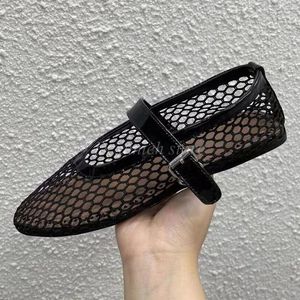 Casual Shoes Summer Mesh Sandals Women's Sexy Hollow Out Genuine Leather Soles Black Mule High Quality Flat Single