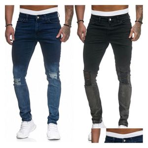 Mäns jeans 2 färger solid färg magra hål nya män tvättade smala fit stretch hip hop byxor penna för manlig droppleveranskläder clo dhm0s