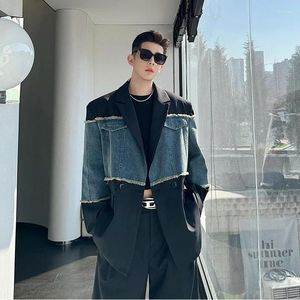 Ternos masculinos homens splice denim streetwear moda solta casual oversized vintage hip hop terno blazers jaqueta homem casaco trajes de desempenho