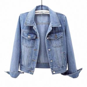 Frühling Sommer Volle Ärmel Solide Frauen Kragen Distred Mantel Damen Mi Abgeschnitten Denim Jacke Mädchen Zerrissene Jean Cardigan Top q9l4 #