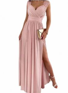 Elegante Lg casamento dama de honra Dr para mulheres Lady Sleevel plissado fenda vestido de festa à noite alta divisão cocktail baile dres b1kE #