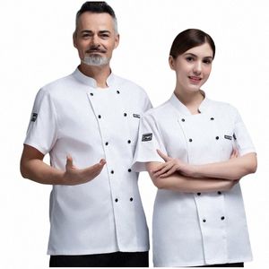 Casaco de manga curta Chef Uniforme Respirável Restaurante Cozinha Cozinhar Jaqueta Hotel Café Barber Shop Garçom Trabalho Camisa Branca p6uz #