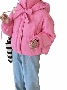 coreano inverno dolce rosa giacca imbottita in cotone Corea Chic manica Lg caldo pizzo fino cappotto corto fiocco solido soprabito capispalla 2023 78Pf #