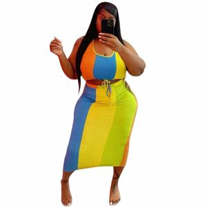 skirts Sets Plus Size Women Clothing Wholesale Patchwortk Bodyc Ribbing Tops Maxi Skirt Stretch Two Piece Suit Dropship 10gD#