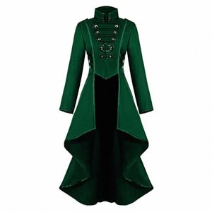 FI Kvinnor Vintage Steampunk Coat Jacket Punk Jacket Gothic Stand Collar LG Sleeve Oregelbunden Swallowtail kjol Hem Jackor F3Hz#