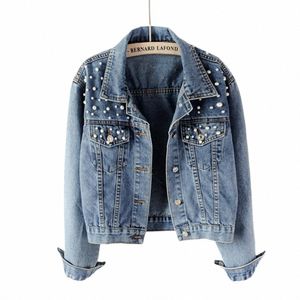 Women Coat Håll varm lös typ plus size cardigan imitati pärla höstrock kvinnor denim jacka kvinnlig gnt r3cd#