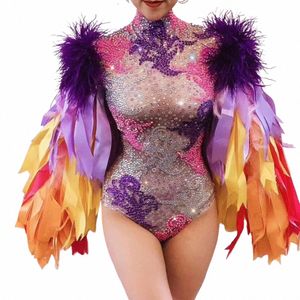 fi Stage Wear Ribb Strip Feather Sleeve Rhineste Bodysuit Women Nightclub Bar Party Outfit Performance Dance Costume G9El#