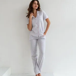 Hemkläder kvinnor bomull 2 ​​st loungewear hemkläder randiga pyjamas set kort hylsa tröja löst pyjamas kostym nattkläder byxor outfit